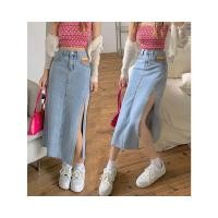 ราคา พร้อมส่ง กระโปรงยีนส์ เอวสูงเว้าข้าง กระโปรงยีนยาว ทรงเอ ผ่าข้าง สําหรับผู้หญิง เก็บทรง งานป้ายเกาหลี (25626056361)