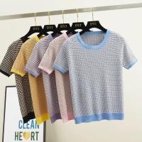 ราคา พร้อมส่ง เสื้อยืดแขนสั้นผู้หญิง เสื้อไหมพรม คอกลม ลายทางสไตล์เกาหลี จัดส่งในไทย (26671253007)