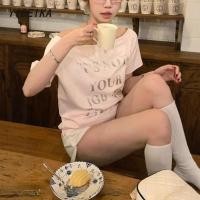 ราคา สไตล์เกาหลี ไหล่เอียง ภาษาอังกฤษ การพิมพ์ หลวม เสื้อสั้น (44202326214)