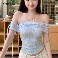 ราคา เสื้อยืดแฟชั่นผู้หญิง เสื้อยืดปาดไหล่สั้น สไตล์เกาหลี ดีไซน์ขอบลูกไม้ เซ็กซี่ แขนสั้น สีพื้น (42604644668)
