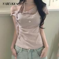 ราคา หวาน แฟชั่น จุดคลื่น การพิมพ์ รุ่นบาง ไหล่เอียง ผูกขึ้น เสื้อสั้น (26489681357)