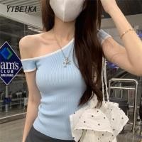 ราคา ฤดูร้อน สาวฮอต การพิมพ์ ไหล่เอียง สีคอนทราสต์ สไตล์ถัก เสื้อสั้น (40961587391)