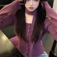 ราคา สีม่วง Halter คอเสื้อถักแขนยาวผู้หญิงฤดูใบไม้ร่วงฤดูหนาวเสื้อกันหนาวสั้นเสื้อสเวตเตอร์ถัก (55200967656)