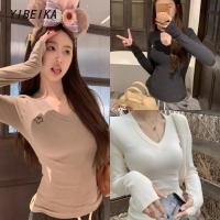 ราคา คอวี เสื้อยืดเเขนยาว รูปหัวใจ เย็บปักถักร้อย ทรงรัดรูป ผ้านิ่มมาก (55150741003)