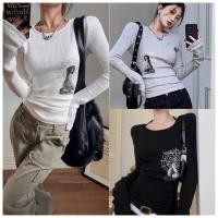 ราคา พร้อมส่ง เสื้อยืดแขนยาวสำหรับผู้หญิงพิมพ์ลายสไตล์อเมริกันเปิดไหล่ สไตล์สปอร์ตเสื้อยืดทรงหลวมและขี้เกียจ (51900178748)