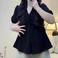 ราคา เสื้อแขนสั้นลายจีบคอวี V neck สำหรับฤดูร้อน ทรงกระชับ อย่างเป็นทางการ เสื้อสีดำ (48450590447)