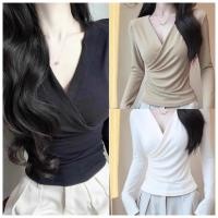 ราคา เสื้อยืดแขนยาวคอวีไขว้สีดำ สำหรับผู้หญิง ใส่สบายในหน้าร้อน (46500353299)