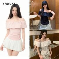 ราคา เสื้อยืดแขนสั้น เปิดไหล่ ผู้หญิง แฟชั่นเกาหลีย้อนยุค แฟชั่นเกาหลีย้อนยุค (44173096116)