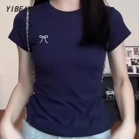 ราคา เสื้อยืดแขนสั้น คอกลมผู้หญิง เซ็กซี่ โบว์ การพิมพ์ ทรงเข้ารูป (43525879010)