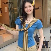 ราคา เสื้อยืดแขนสั้นสไตล์พรีปี้สีคราม มีลายเส้นสลับสีและรายละเอียดการเย็บขอบคอที่สวยงาม (42910420149)