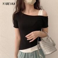 ราคา สไตล์เกาหลี สีคอนทราสต์ ประกบ ไหล่เอียง เสื้อสั้น (42400028692)