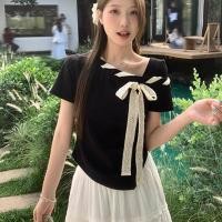 ราคา พร้อมส่ง เสื้อยืดแขนสั้นผู้หญิงผูกโบว์แขนพองสไตล์เกาหลี เสื้อยืดแขนสั้นทรงสลิมฟิตเรียบง่าย (42368894098)