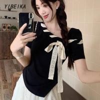 ราคา เสื้อยืดเอวลอยแฟชั่น สไตล์เกาหลีแขนสั้น เสื้อผูกโบว์ (42107001285)
