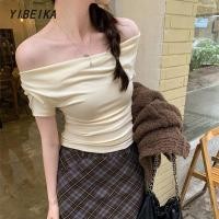 ราคา เสื้อยืดเปิดไหล่คอเฉียงสีดําผู้หญิง ฤดูร้อนใหม่ออกแบบสลิมฟิตสั้นไหล่เฉียงด้านบน (41954575407)