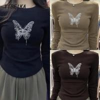 ราคา สไตล์เกาหลี คอกลม เสื้อยืดลายผีเสื้อ แขนยาว ทรงเข้ารูป หวานน่ารัก (41925857725)