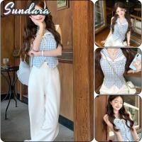 ราคา เสื้อเชิ้ตลายสก๊อตสีฟ้าสำหรับผู้หญิง แบบคอปกแขนกุด เอวหยิก สไตล์หวานๆ (40668414613)