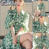 ราคา ชุดเดรสกระดุมลายดอกไม้สีเขียว ออกแบบสไตล์เกาหลี พับคอกับกระโปรงทรงเอ สำหรับฤดูใบไม้ผลิและฤดูร้อน (28441515416)