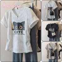 ราคา เสื้อยืดแขนสั้นผู้หญิง ลายพิมพ์เหมียว คอวี กระดุมหน้า เอวเข้าทรง ซินCHED COTTON TOP (40257468934)