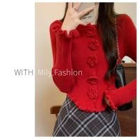 ราคา Milyfashion สีแดงสามมิติกุหลาบเสื้อโค้ทเสื้อไหมพรมผู้หญิงเสื้อคาร์ดิแกนฤดูใบไม้ร่วงและฤดูหนาวให้ความรู้สึกบรรยากาศปีใหม่คริสมาสต์เสื้อถัก (28607972869)