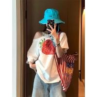 ราคา Milyfashion ตัวเสื้อยืดสีขาวยางสั้นไหล่เฉียง ลายผลสตรอเบอร์รี่ พิมพ์หลวม สไตล์slimmer สำหรับฤดูร้อน (47600570630)