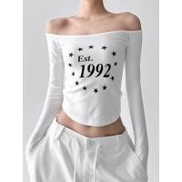 ราคา Milyfashion เสื้อยืดสไตล์อเมริกัน พิมพ์ลายย้อนยุค แขนยาวและแขนสั้น ไหล่เอียงบางเบา (40418649445)