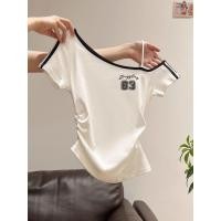 ราคา Milyfashion สีขาวลายอเมริกันสาวร้อนไหล่เฉียงที่ไม่มีสายหนังแขนสั้นเสื้อยืดหญิงฤดูร้อนจดหมายพิมพ์สลิมฟิต Nar (52651005407)