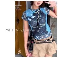 ราคา เสื้อยืดแขนสั้นลายสก็อตแบบจำลองสำหรับผู้หญิง พิมพ์ลายแมวน่ารัก สกรีนบนผ้ากอซสีฟ้า (40074330612)