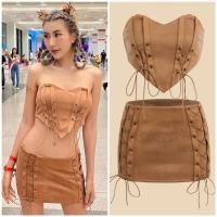ราคา Cowboy Set เซ็ตเกาะอก กระโปรงสีน้ำตาล แต่งเชือกผูกหน้า ใส่ไปคอนคือปัง (23212102636)
