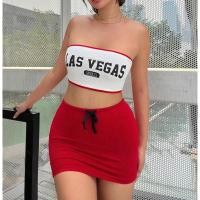 ราคา LAS VEGAS set เกาะอกสกรีนลายตัวอักษร กระโปรงรัดรูปทรงเอสีแดง สายฝ ต้องตำค่า (23074915119)