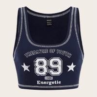 ราคา Sport Crop เสื้อกล้ามสีกรมสกรีนตัวอักษร รัดรูปนมโต (17992260620)