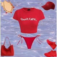 ราคา Summer is Calling Bikini สีแดง เสื้อคลอปตัวสั้นสกรีนลาย I don t care (24613897635)