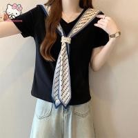 ราคา เสื้อยืดผ้าไหมสไตล์เกาหลีสำหรับฤดูร้อน ดีไซน์คอวี พิมพ์ลายคล้ายพันคอ สไตล์ลำลอง (57750328876)