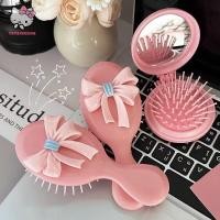 ราคา trysingoin หวีพับทรงกลมสีชมพูพร้อมกระจกแบบพกพา Bow Decor Anti Static กระเป๋าแปรงผมการ์ตูนสไตล์เจ้าหญิงหวีจับสาว TH (27284659753)