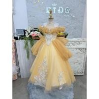 ราคา ชุดราตรีเด็ก ชุดเจ้าหญิง ชุดออกงานเด็ก หน้าร้านอยู่รัชดา W19229 สีทอง กระโปรงยาว โอบไหล่ (41557515203)