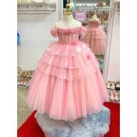 ราคา ชุดราตรีเด็ก ร้านอยู่รัชดา ลองได้ถ่ายรูปจากชุดจริง W18873สีชมพู ติดดอกไม้ที่เอว แขนปาด กระโปรงพองฟูยาว น่ารักสุดๆ (25454576458)
