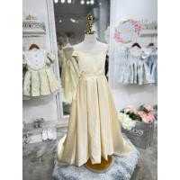ราคา ชุดราตรีเด็ก หน้าร้านอยู่รัชดา ลองได้ถ่ายรูปจากชุดจริง W18519 สีทอง เปิดไหล่คลุมแขน กระโปรงยาวจีบรอบเอว (23144431912)