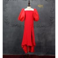 ราคา ชุดออกงานเด็ก หน้าร้านอยู่รัชดา ลองได้ถ่ายรูปจากชุดจริง W18087 สีแดง ทรงหางปลา หน้ายาวเสมอพื้นหลังยาวลากพื้น ด้านหน้า (6342556271)
