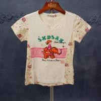 ราคา เสื้อยืดเด็ก มีหน้าร้าน ตรงปก พร้อมส่ง 2015 แขนสั้น สีครีม คอเว้า ปักรูปเด็กผู้หญิงขี้ช้าง (4776273983)