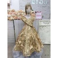 ราคา ชุดราตรีเด็ก หน้าร้านอยู่รัชดา ลองได้ถ่ายรูปเองจากชุดจริง W19190 สีทอง กระโปรงยาว แขนสั้น คอวีระบาย สวยหรู วิ้งๆทั้งชุด (42902800413)