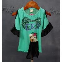 ราคา เสื้อยืดเด็ก มีหน้าร้าน ตรงปก พร้อมส่งZ0105 แขนสั้น เว้าไหล่ สีเขียว ปลายแขนระบาย พิมพ์ลายเด็กผู้หญิง (5576264952)