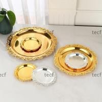 ราคา เทค จานขนมผลไม้ ถาดเค้กเงินสีทองทรงกลม ถาดเก็บเครื่องประดับแบบตั้งโต๊ะหรูหราที่วางแก้วชา (51750130459)