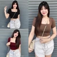 ราคา เสื้อครอปคอเหลี่ยมผ้า2ชั้น (24706629183)