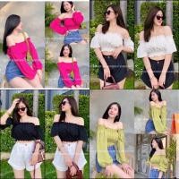 ราคา เสื้อครอป เสื้อเปิดไหล่ ผ้าคอตตอน เป็นเกาะเย็บต่อแขนทรงกระดิ่ง รุ่นนี้กำลังฮิตมากเลยนะคะ (22660277161)