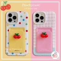 ราคา เกาหลี 3D Cherry สีสัน Wave Point สีชมพู Checkered Stripes 3 ใน 1 ช่องใส่การ์ดเคสโทรศัพท์สําหรับ iPhone 15 14 Plus 13 12 11 Pro Max Xr X Xs 8 7 SE2020 6 TPU กันกระแทกมือถือปลอก (29803670450)