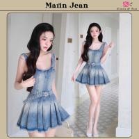 ราคา Marin Jean Dress เดรสสั้นแขนกุดผ้ายีนส์ เข็มขัดหัวเพชร เนื้อยีนส์สีน้ำตาล ซิปหลัง กระโปรงจีบรอบ ชายแต่งขอบรุ่ย (28790651567)