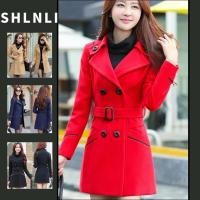 ราคา เสื้อแจ็คเก็ตผ้าวูลสไตล์เกาหลีสำหรับผู้หญิง มีเข็มขัด ขนาดใหญ่ และกระดุมสองแถว (43317735672)
