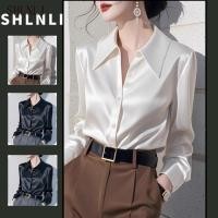 ราคา เสื้อเชิ้ตแขนยาว กระดุมเรียบง่าย สไตล์ซาตินสีทึบสำหรับผู้หญิง (42369013739)