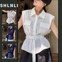 ราคา ฤดูร้อนเอวกอดลูกไม้ขึ้นเสื้อผู้หญิงสีทึบที่เรียบง่ายโปโลปกเสื้อแขนกุด (42315114830)