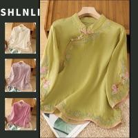 ราคา เสื้อย้อนยุคสำหรับผู้หญิงฤดูร้อน ผลิตจากผ้าฝ้ายและลินิน ติดกระดุมปกเอียง ออกแบบแขนเสื้อสวยหรู (42315235312)