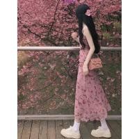 ราคา midsummer เดรสยาวสีชมพู เดรสออกงาน ลายดอกไม้ ผ้าชีฟอง กระโปรงยาว คอเหลี่ยม 8023 (26941591660)